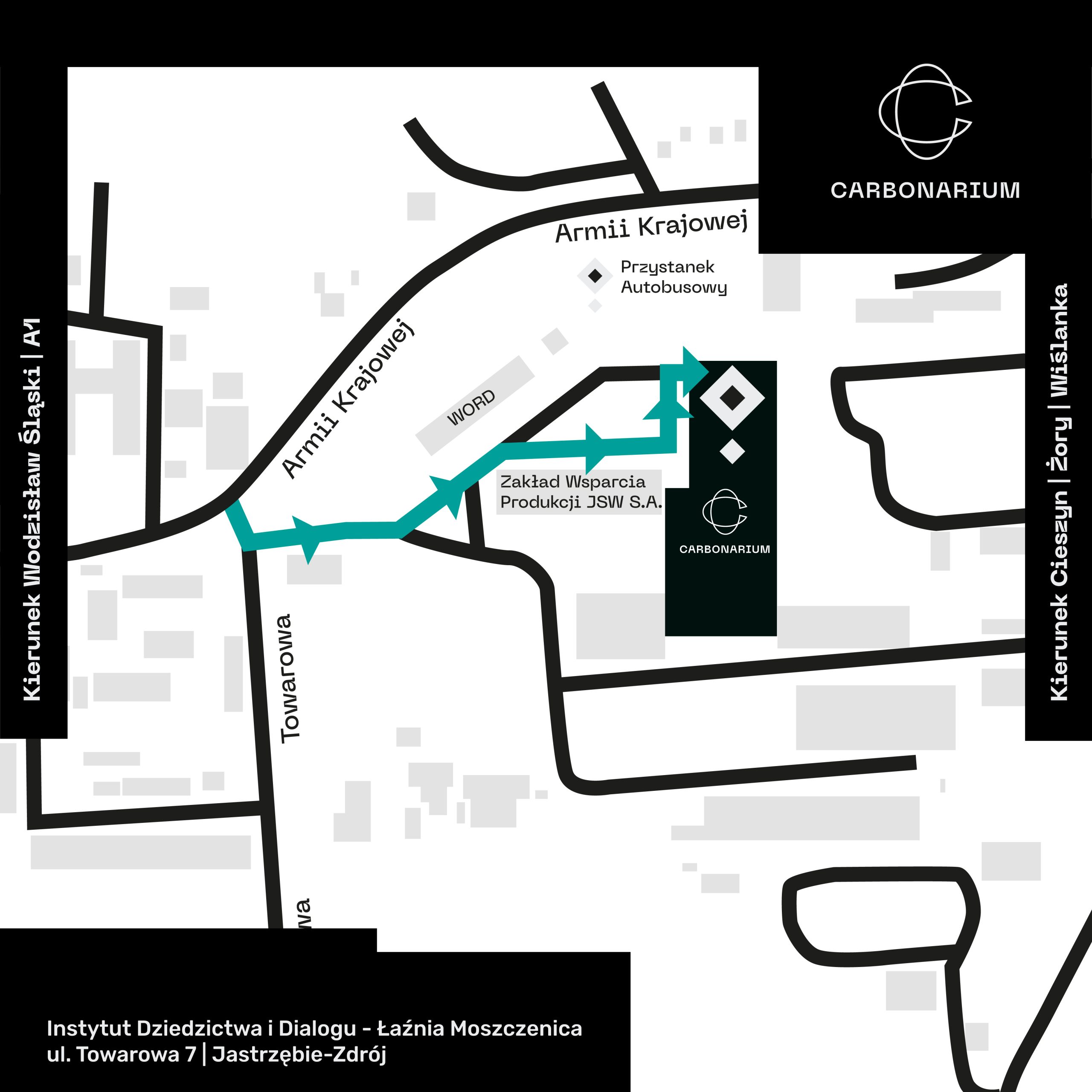 Mapa dojazdu na parking przed budynkiem Carbonarium.