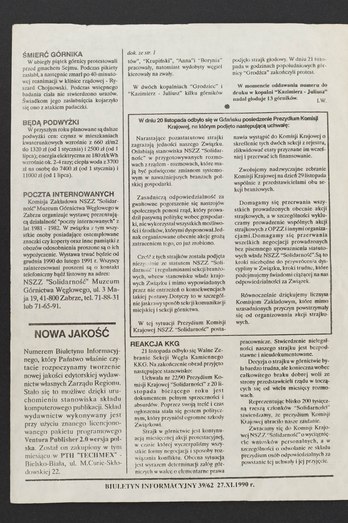 Biuletyn informacyjny region śląsko-dąbrowski nr 62 27.11.1990