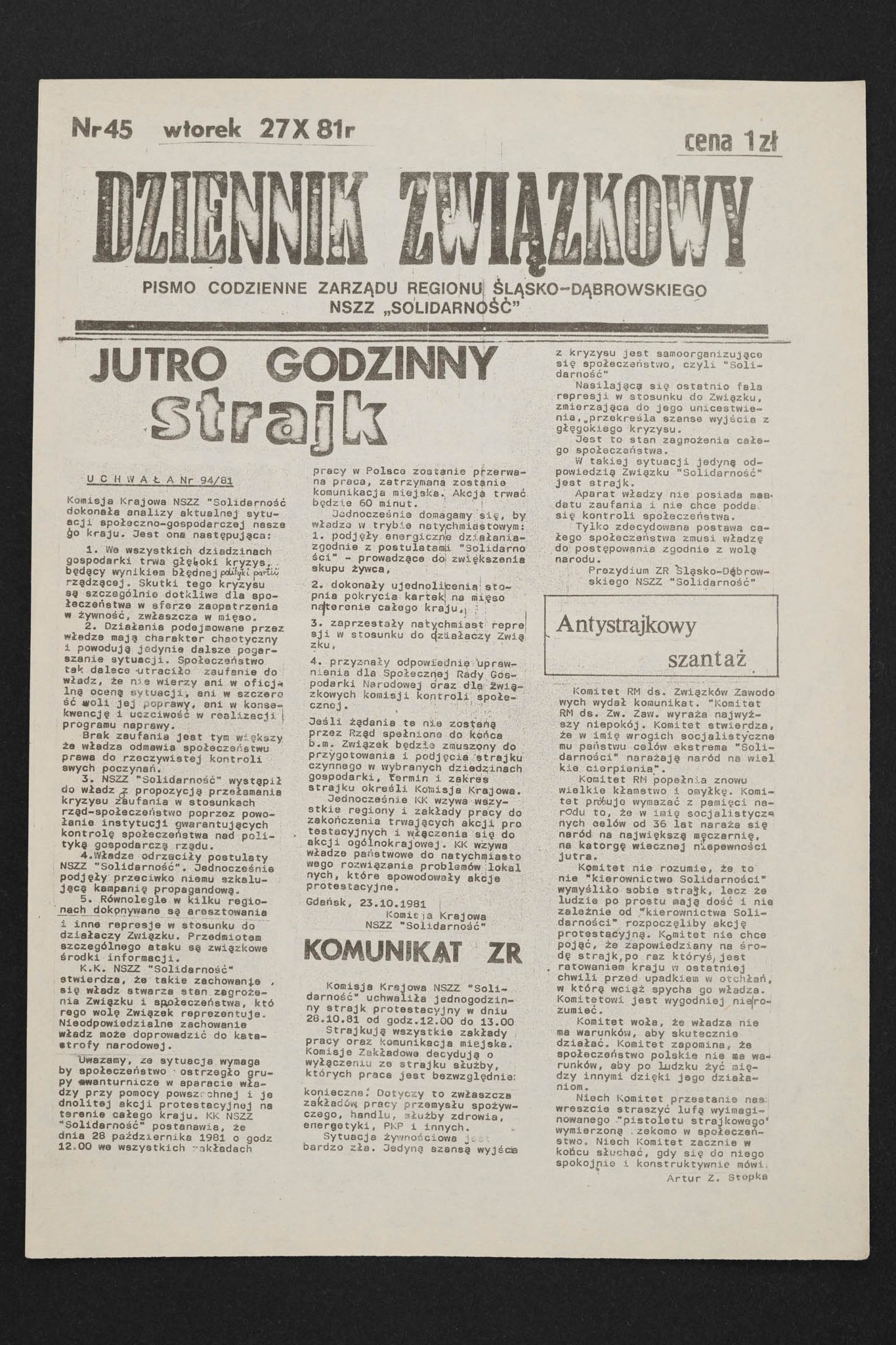 Dziennik związkowy nr 45 27.10.1981
