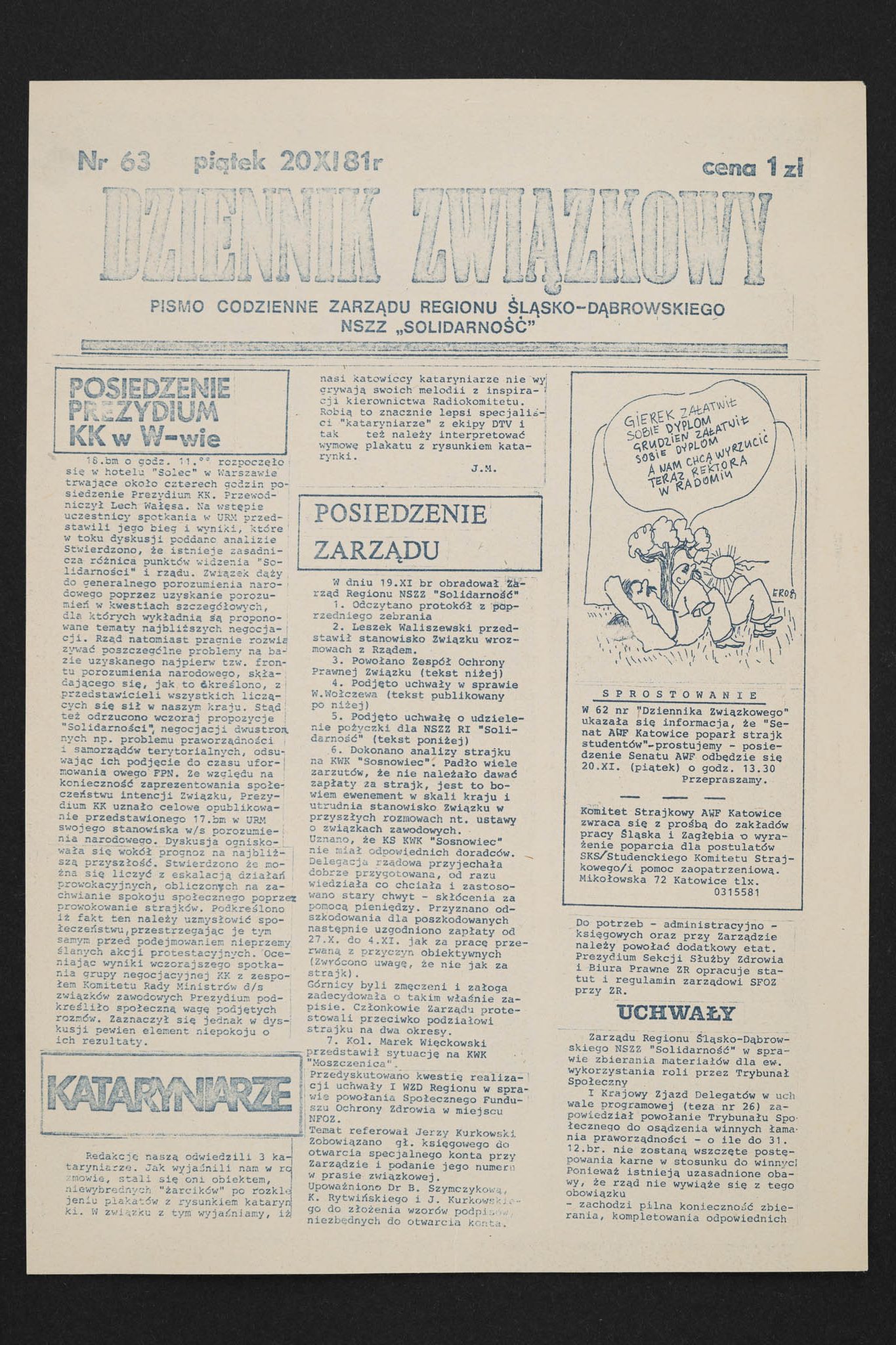 Dziennik związkowy nr 63 20.11.1981