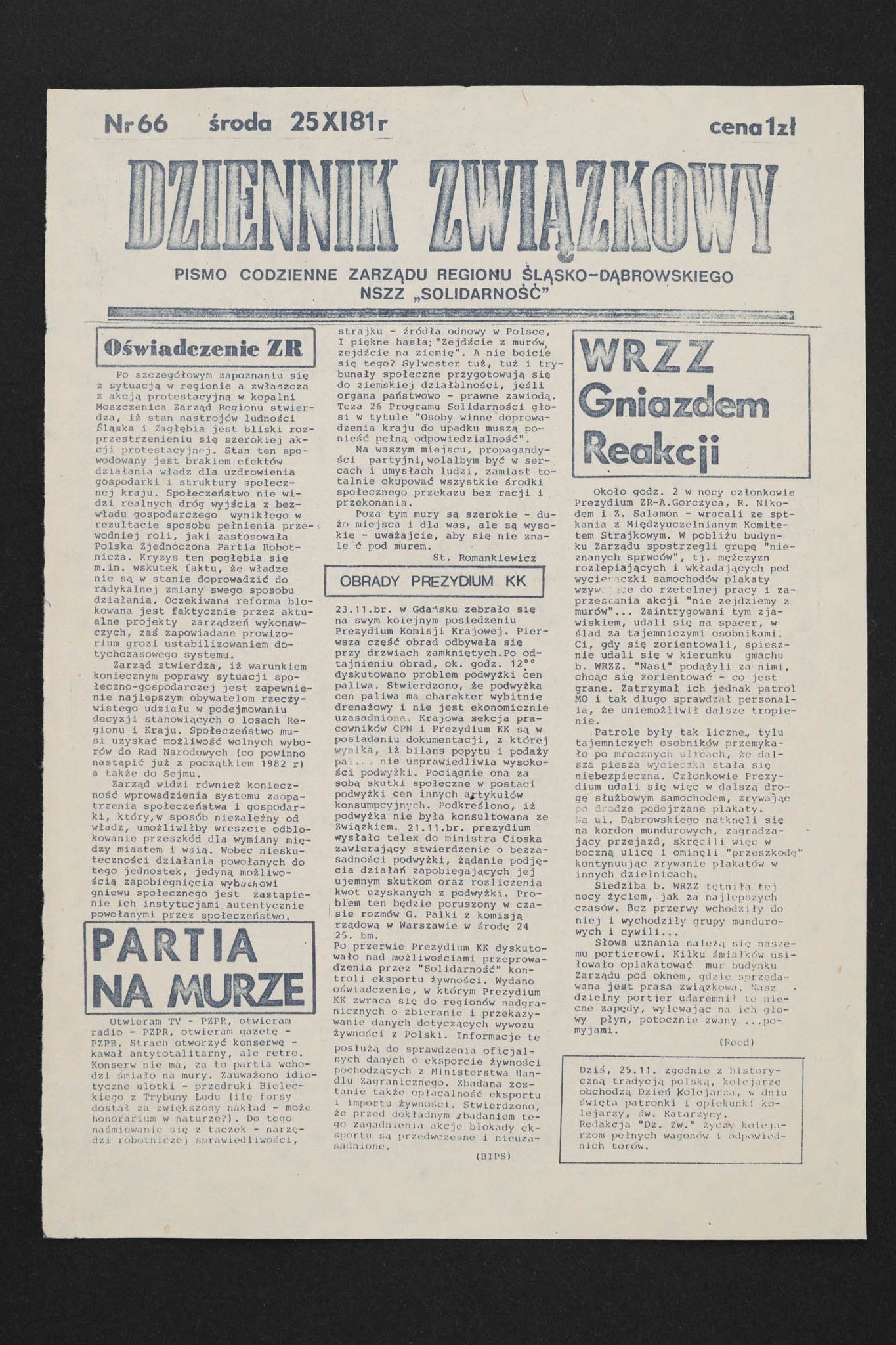 Dziennik związkowy nr 66 25.11.1981