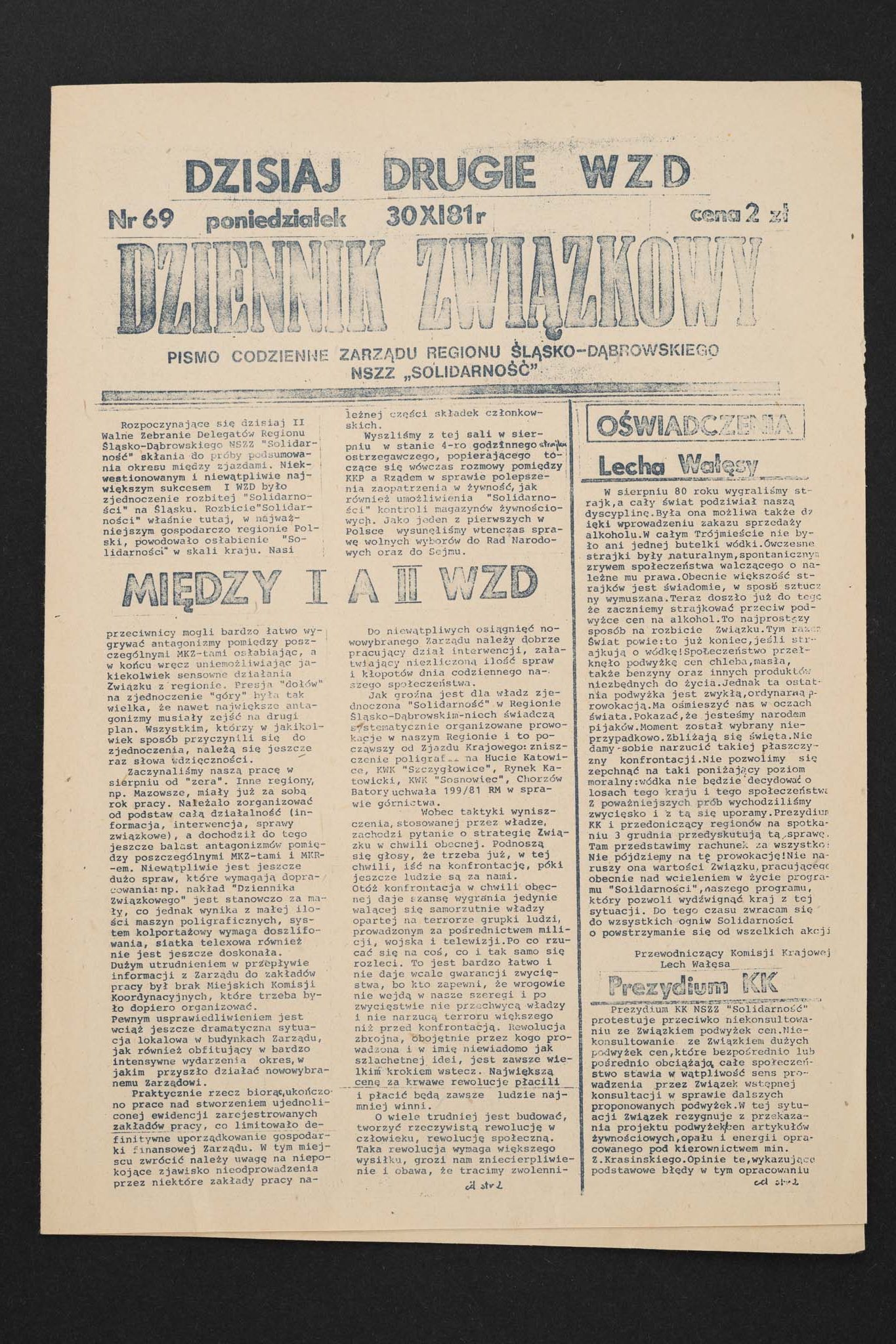 Dziennik związkowy nr 69 30.11.1981