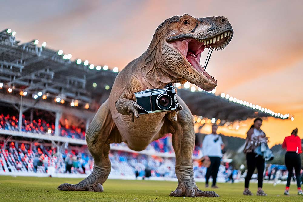 Grafika z dinozaurem, który trzyma aparat fotograficzny.