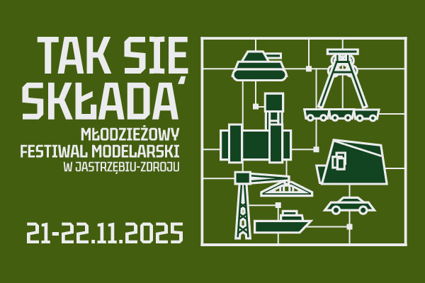 Festiwal modelarski w Jastrzębiu-Zdroju. Grafika symbolizująca ramkę techniczną modelu plastikowego. Zawiera budynek Łaźni wraz wieżą szybową, cechownie, a także czołg, samochód i żuraw.