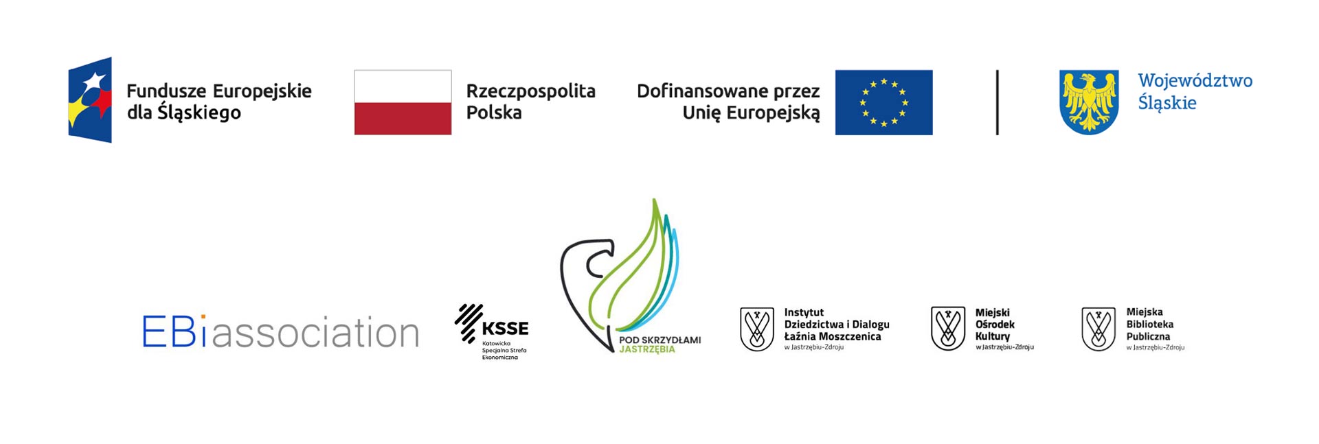 Belka z logotypami: Fundusze Europejskie dla Śląskiego, flaga Rzeczpospolitej Polskiej, flaga Unii Europejskiej, herb województwa śląskiego. Belka niżej: EBIassociation, KSSE, Pod skrzydłami Jastrzębia, Instytut Dziedzictwa i Dialogu - Łaźnia Moszczenica, Miejski Ośrodek Kultury, Miejska Biblioteka Publiczna.