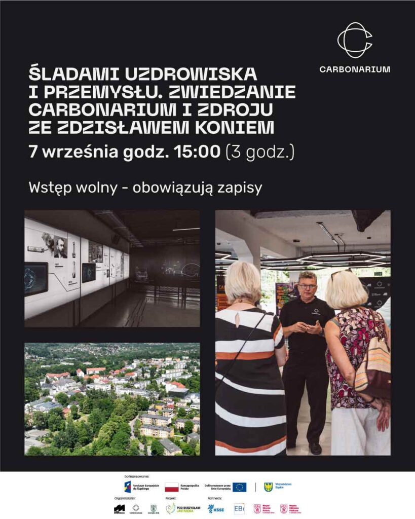 Kolaż trzech zdjęć z wystawy Carbonarium, Zdrój z lotu ptaka i Zdzisław Koń podczas oprowadzania po wystawie.