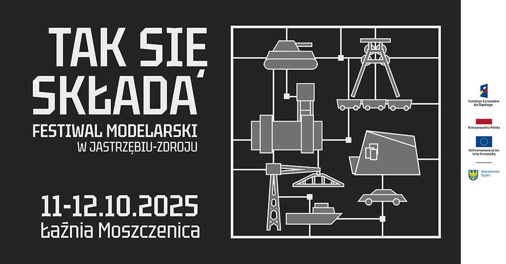 Czarno biała grafika "Tak się składa" - festiwal modelarski w Jastrzębiu-Zdroju.