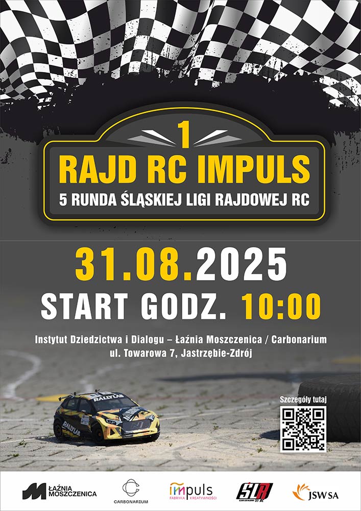 1 Rajd RC Impuls - 5 runda Śląskiej Ligi Rajdowej RC - plakat. informacje powtórzone.