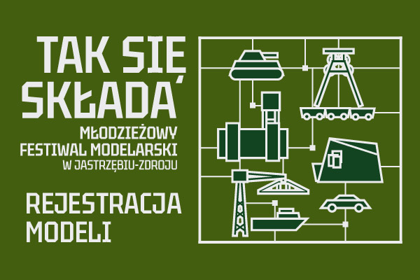 Festiwal modelarski w Jastrzębiu-Zdroju. Grafika symbolizująca ramkę techniczną modelu plastikowego. Zawiera budynek Łaźni wraz wieżą szybową, cechownie, a także czołg, samochód i żuraw.