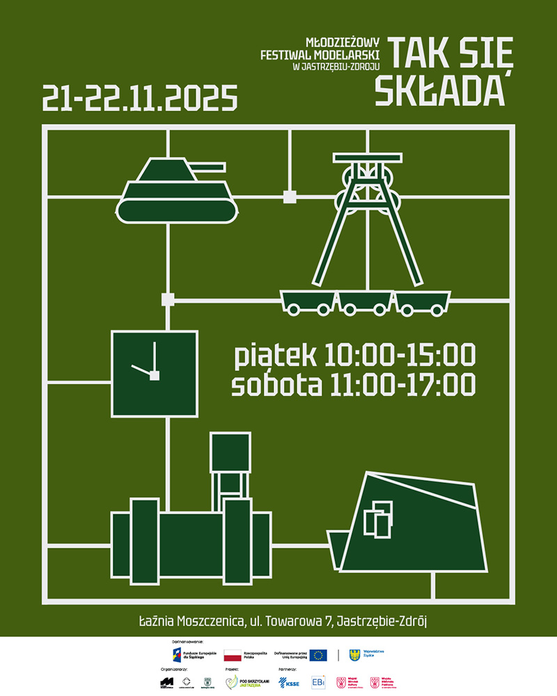 Plakat festiwalu modelarskiego "Tak się składa" - info powtórzone.
