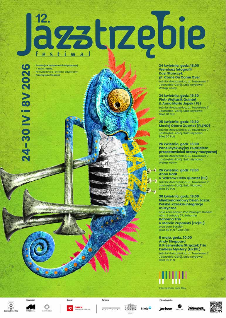 JAZZtrzębie Festiwal w Łaźni Moszczenica. Plakat wydarzenia - informacje powtórzone.