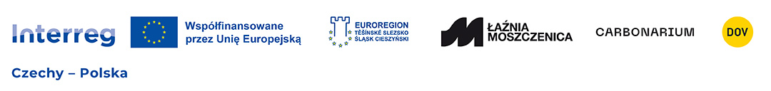 Obowiązkowe logotypy projektowe: Interreg Czechy - Polska, Flaga UE, Euroregion Śląsk Cieszyński, Łaźnia Moszczenica, DOV.