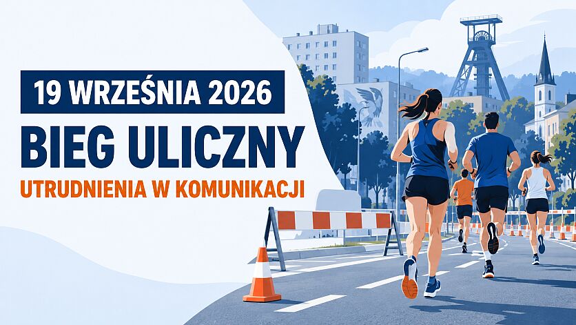 Bieg uliczny - utrudnienia w komunikacji - grafika z biegaczami.